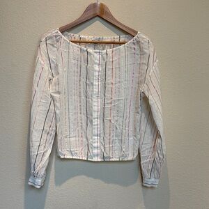 Joie Cream Button-Front Long Sleeve Blouse with Metallic Stripes